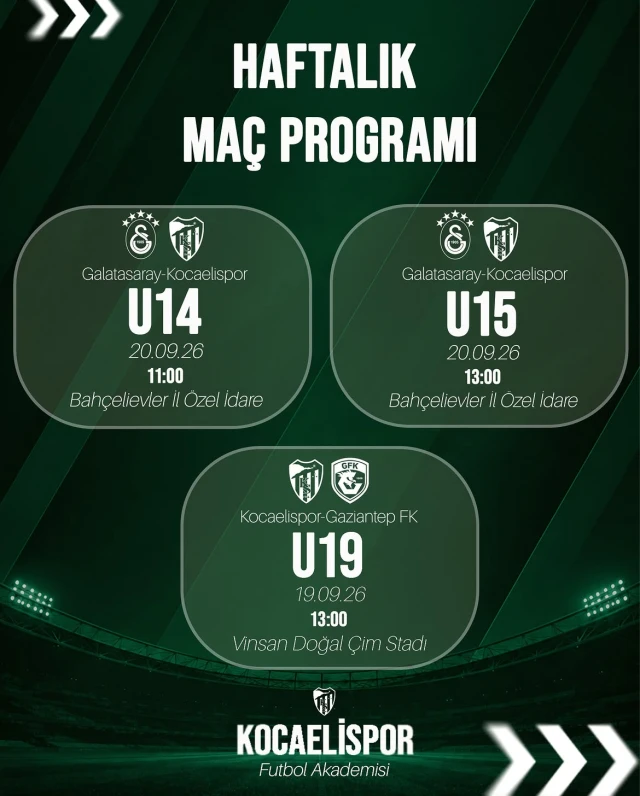 Kocaelispor Futbol Akademisi’nde haftanın maç programı belli oldu